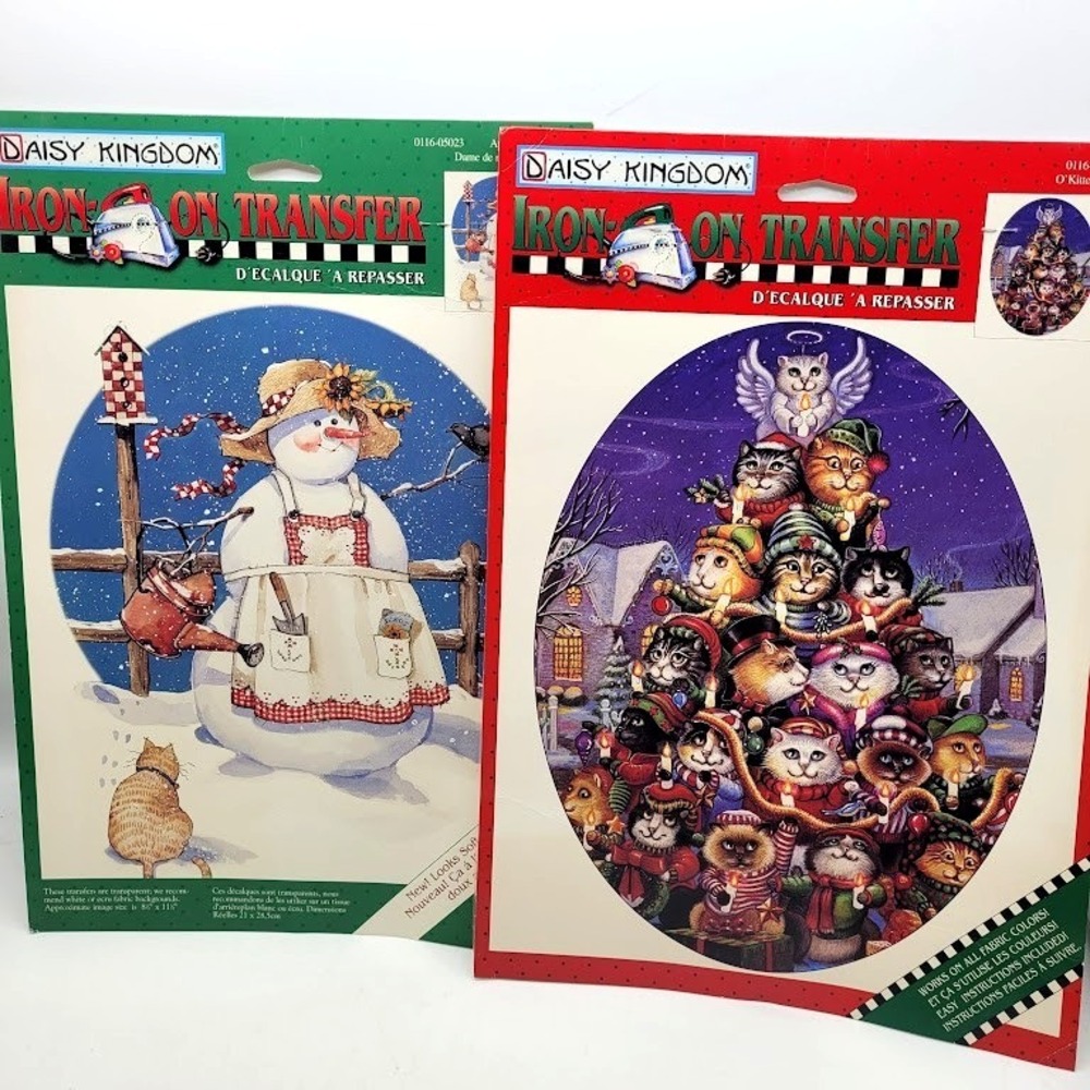 NEW Lot 2 Daisy Kingdom Christmas Winter Iron On Transfers Cats Snowman VTG 90s